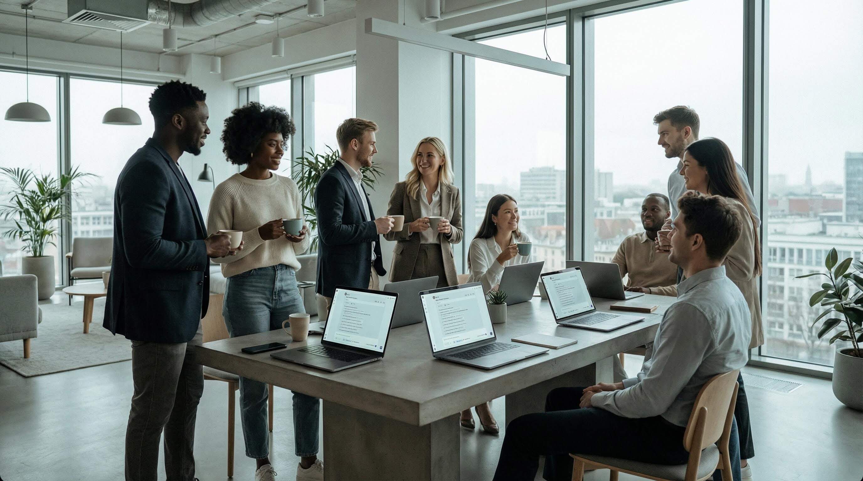Team of professionals gathered in a bright office, each with their laptop open on the TESS AI platform.